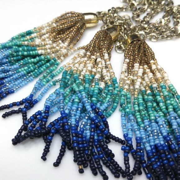 Chico's Blue Green Gold Seed Bead 3 Tassel Necklace, New With Tags, 36 Inches - Picture 12 of 12
